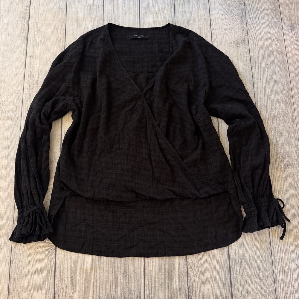 AllSaints Penny Wrap Blouse Black Sheer Cotton Viscose Tie Cuff Top Size Small
